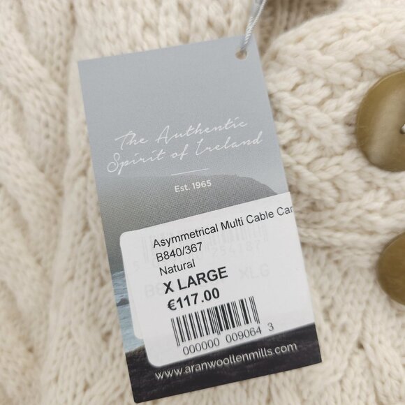 NWT ARAN Super Soft Merino Wool 3-Button Cardigan Asymmetrical Cable Knit XL - Picture 5 of 14